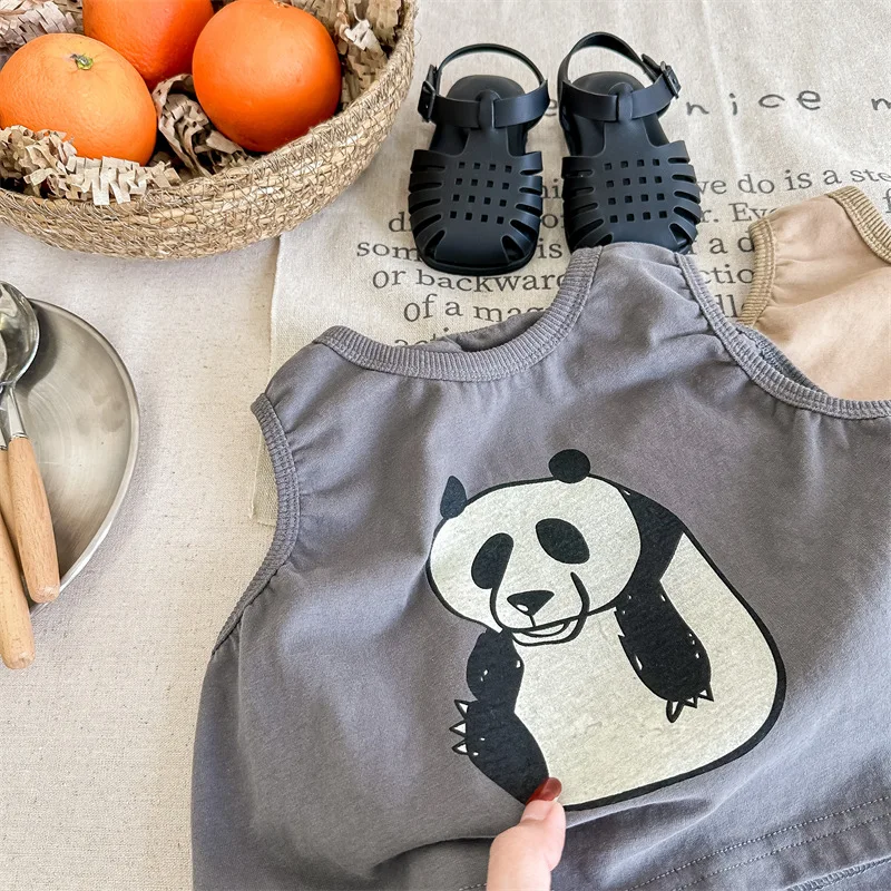2026 Summer Kids Sleeveless Cartoon Print T‑Shirt Korean Style Casual Tank Tops Boys Girls Summer Undershirts