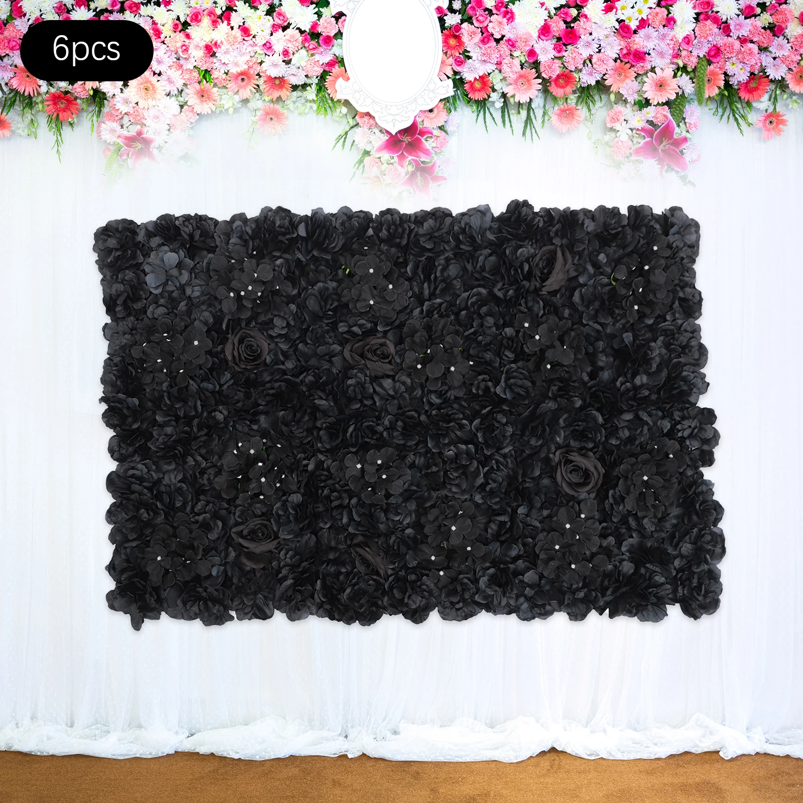 

6-шт. Настенная панель с искусственными цветами, 14,96x14,96 в квадратном цветочном фоне с гортензией и розой георгина, черный элегантный свадебный декор