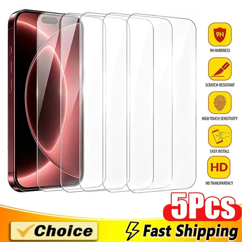 5Pcs HD Tempered Glass For iPhone 17 16 15 14 11 12 13 Pro Max Screen Protector For iPhone 18 PRO XR XS 16 Plus Protective Glass