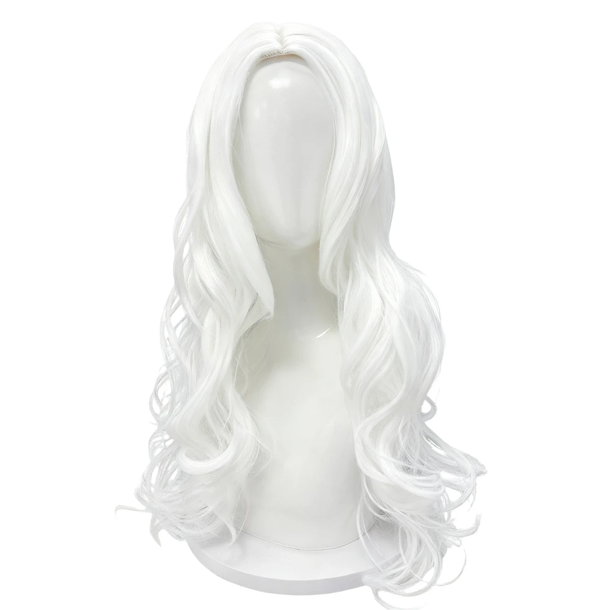 Pure White Premium Synthetic Fiber Long Curly Wig Big Waves Fluffy Voluminous Spiral Curls Middle Part with Bangs Heat Resistant Adjustable Cap for Women Girls Cosplay Party Halloween Costume Role Play Stage Show Photo Shoot