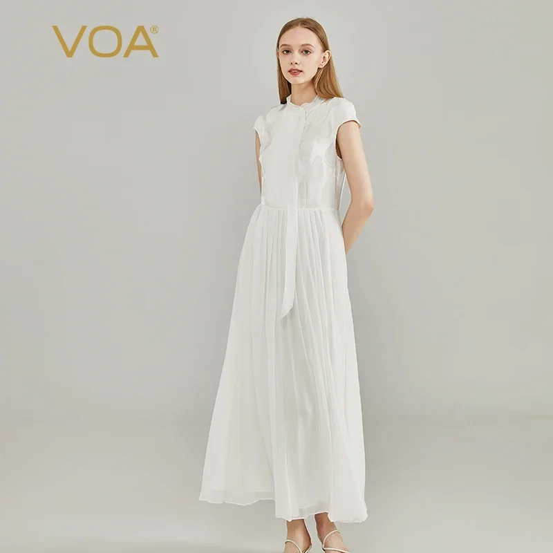 VOA Silk Jacquard 34 Momme Milk White Ribbon Collar One Button Dresses Three Layer Georgette Patch Elegant Summer Dress AE2215