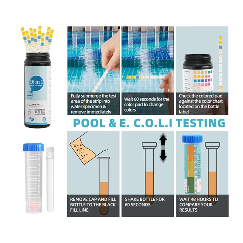 Kit de bandelettes de test d'eau potable 17 en 1 pour l'eau du robinet, bandelette de test de bain à remous, bandelette de test de spa, bandelette de test de piscine