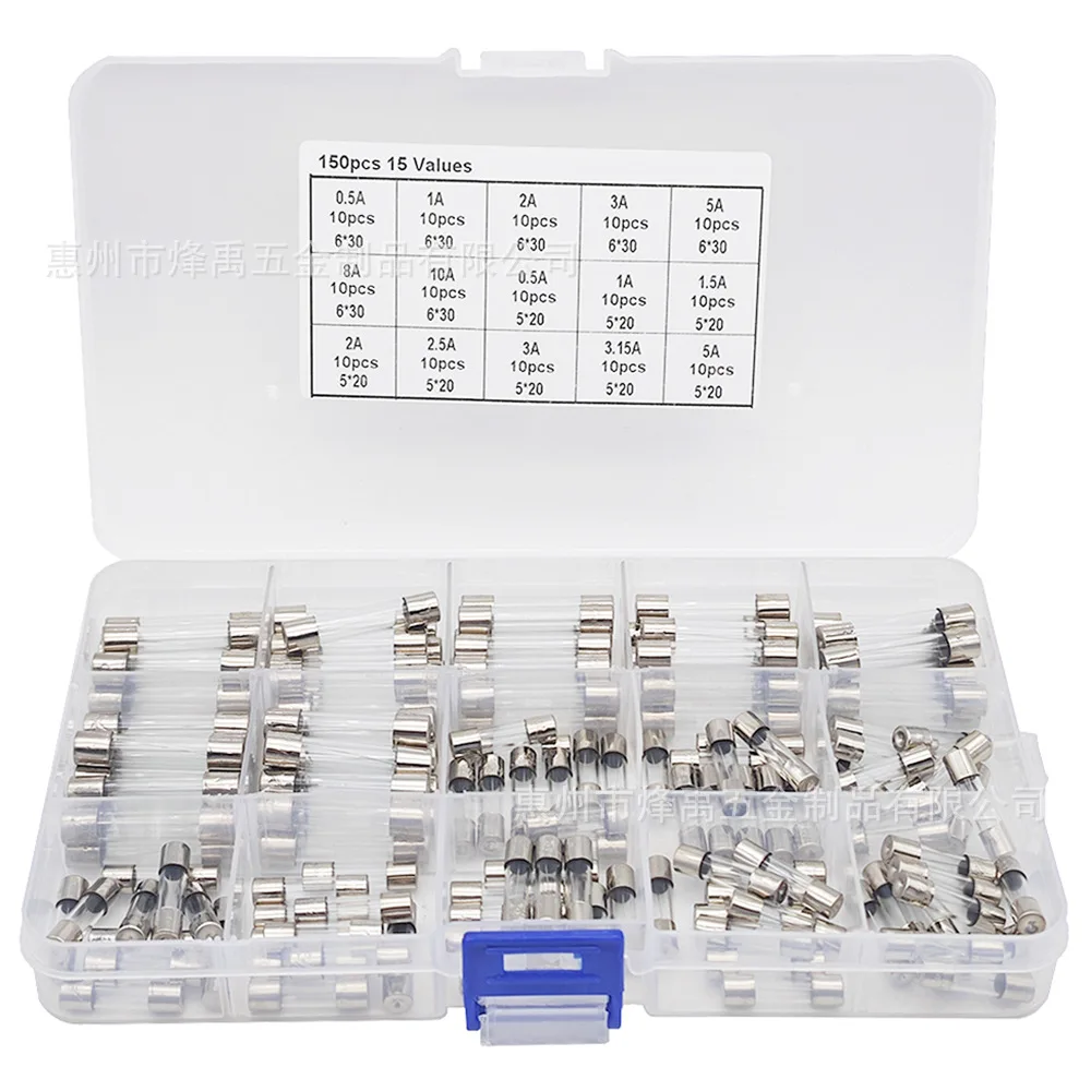150Pcs 5×20mm Slow Blow Glass Fuse Assortment Kit 0.5A-10A 250V Transparent Glass Tube Fuses Storage Box