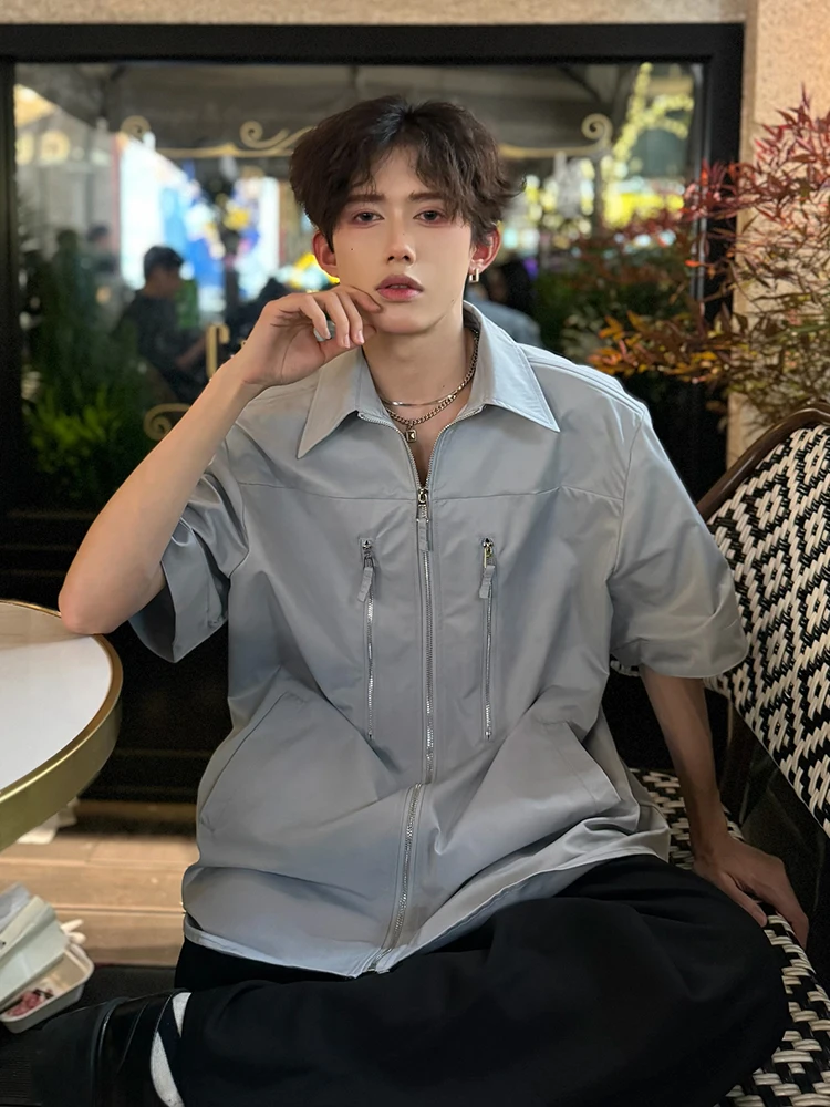 

Синяя мужская летняя модная куртка-рубашка с коротким рукавом, рабочая одежда, куртка с двойной молнией, свободный крой, дышащая, полиэстер