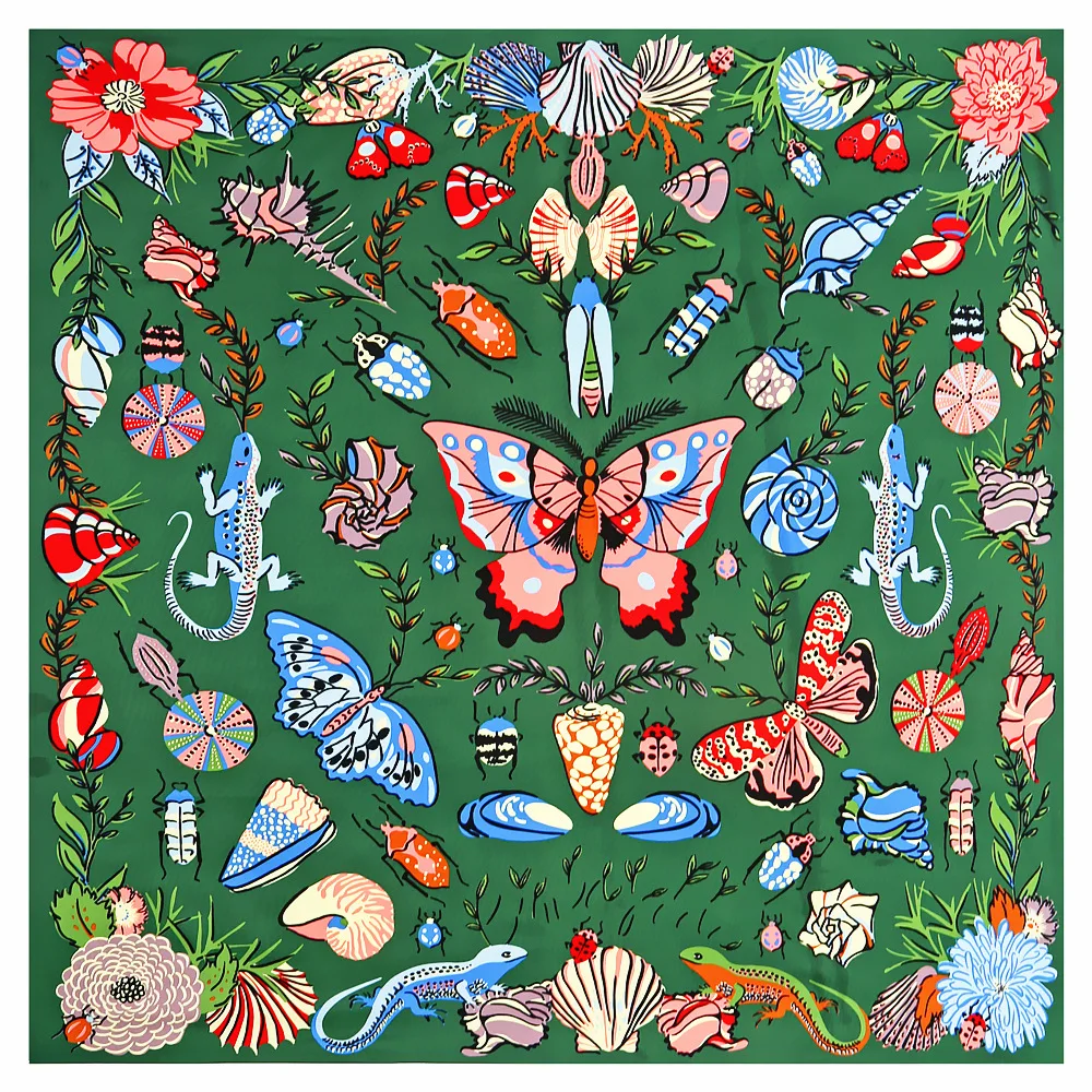 130cm Twill Silk Big Butterfly Insect Print Female Headscarf Shawl Scarf Neck Gaiter Kerchief Sunscreen Head Scarves Beach Towel