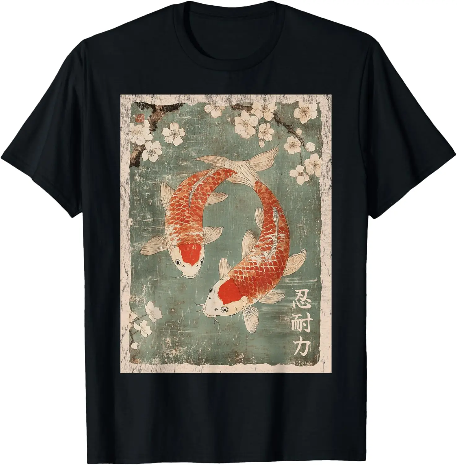 Koi Fish And Cherry Blossom Tree Japanese Woodblock Art T-Shirt 100% Cotton Trendy Y2K Short-Sleeve Tee-Soft, Quick-Drying,