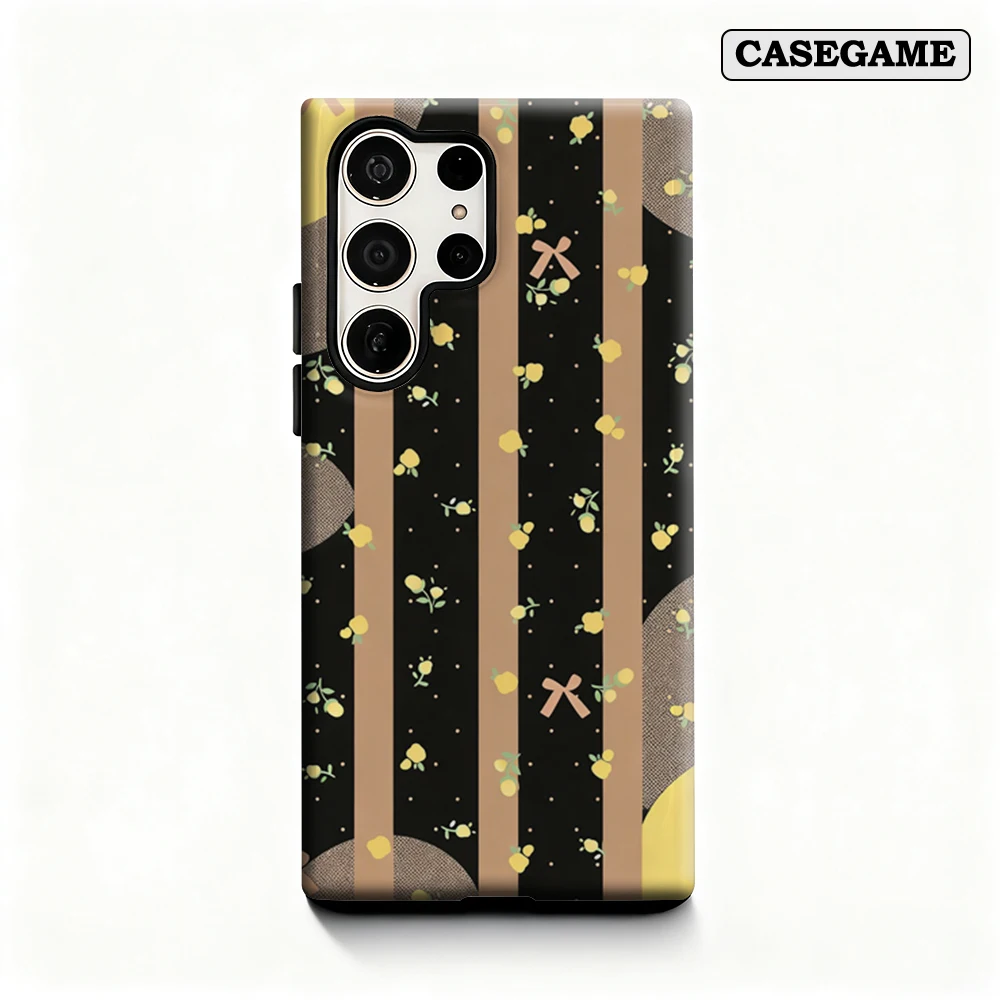 Casegame Phone Case for Samsung Galaxy S25 S26 Ultra S24 S23 Ultra Plus Shockproof Double Layer Beige Lemon Bow Stripes Cover