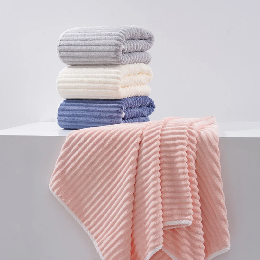 4 Pack Coral Velvet Striped Bath Towels Quick Dry Thick Plush Soft Absorbent for Family Bathroom Spa