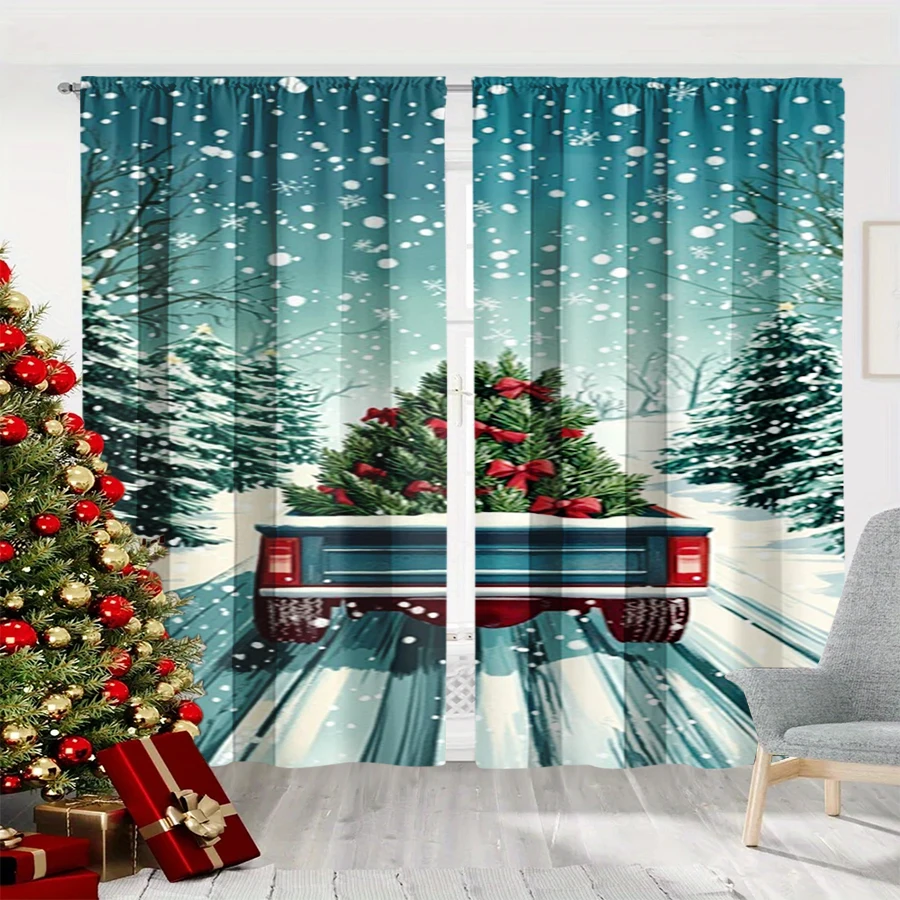 2PCS Christmas Winter Curtains, Pickup Truck Tree Bow Snow Forest Winter, Digital Print, Bedroom Living Room, Home Decor
