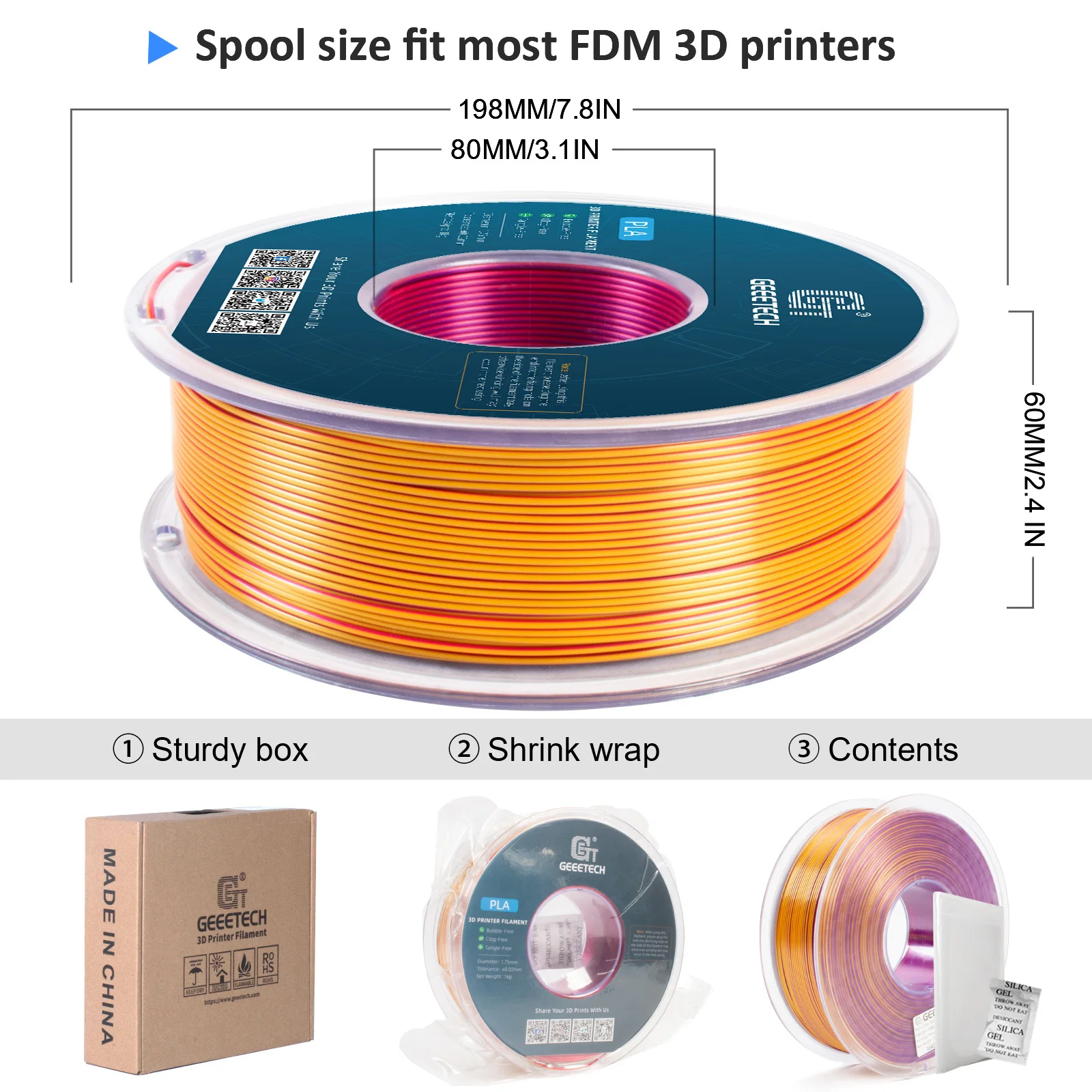 Geeetech Tri Color Silk PLA Filament, Filament 3D 1,75 mm 1 kg Drut szpuli (+/-0,03 mm) Opakowanie próżniowe, kolor specjalny