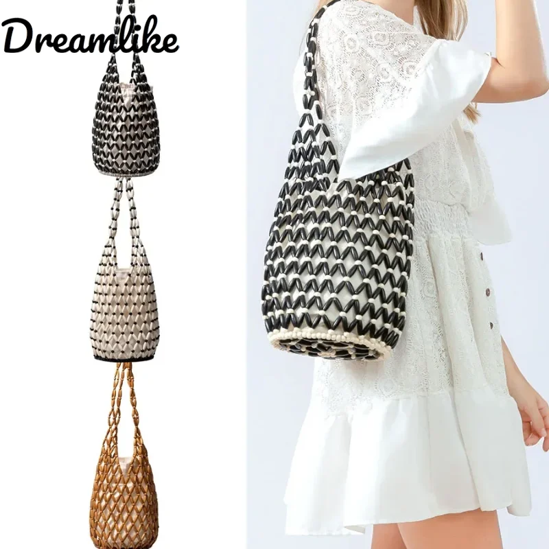 

Hollow Woven Handbag Wooden Bead Bag Bucket Shoulder Bag Beach Crossbody Bag Handmade Exquisite Fashionable And Simple