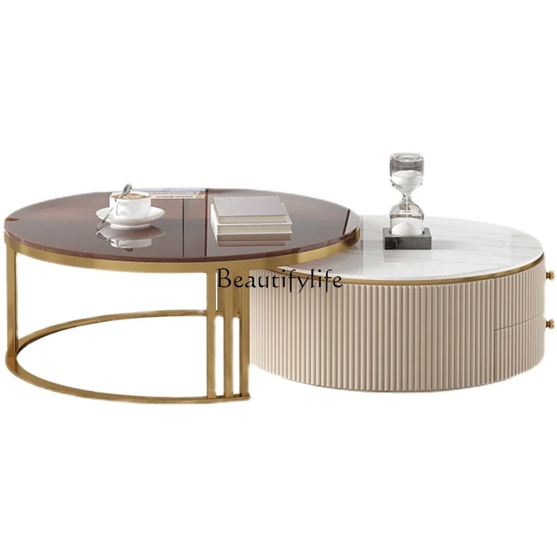 Light luxury rock slab coffee table TV cabinet Modern simple high-end stretchable round coffee table