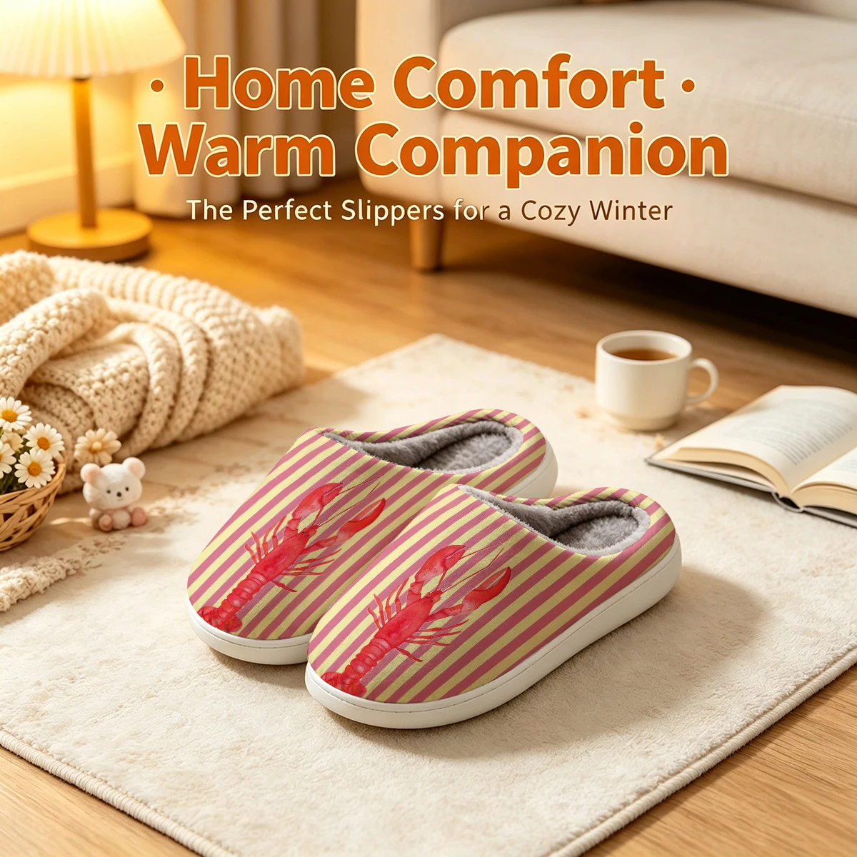 Watercolor Lobster Stripe Christmas White Slippers Warm Plush Indoor Shoes Non-Slip Winter Slippers Family Holiday Gifts Soft view 3