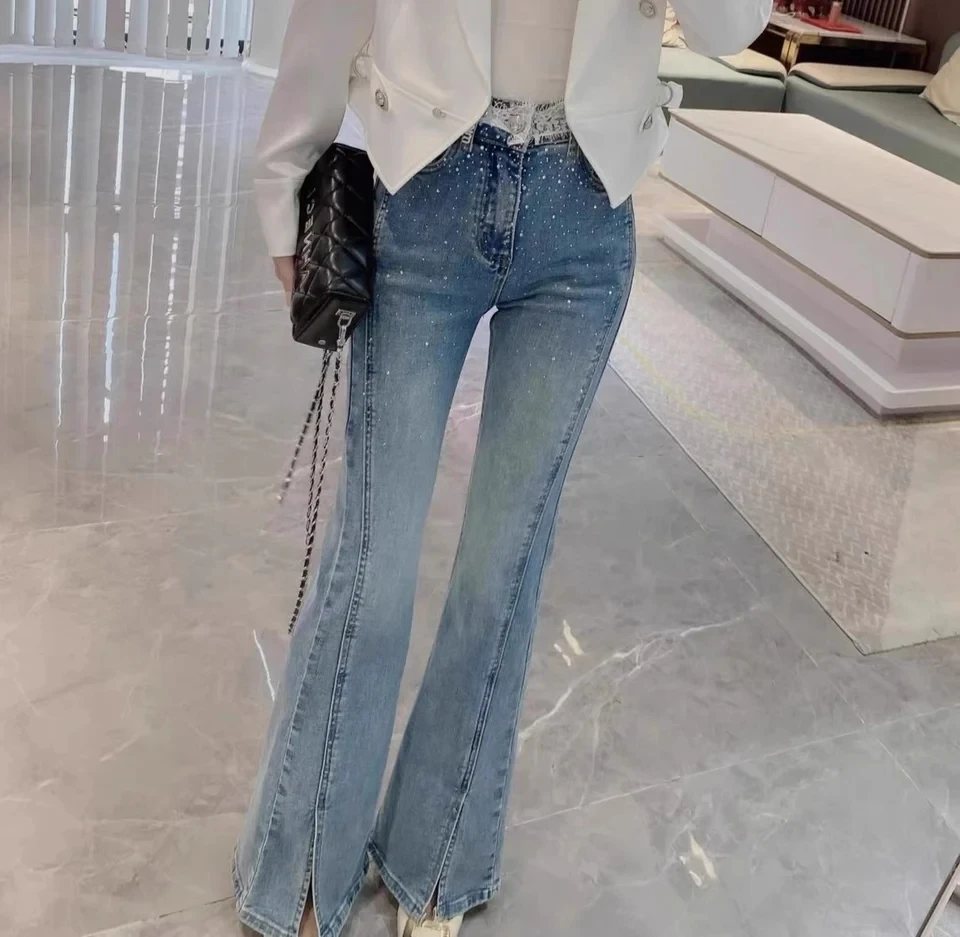 2024 Spring Luxury Fashion Women Lace Patchwork Cowboy Denim Straight Slit Jeans Pants