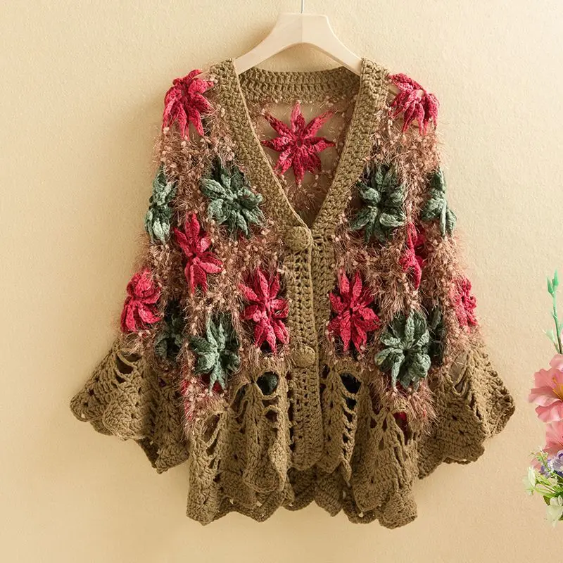 Autumn Cardigan Sweater Knitwear Jacket Hollow Embroidery Buttons Loose Atmosphere Retro New Fashion Brand Trends Women's Spring