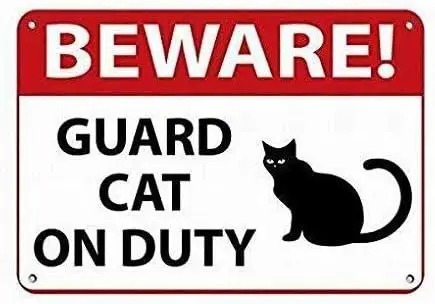 Retro Vintage Metallschild „Vorsicht!“ Blechschild „Guard Cat on Duty“ für Zuhause, Bar, Küche, Pub, Wanddekoration, Schilder aus Aluminium