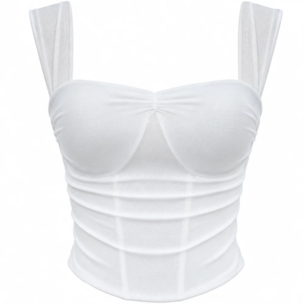 Women's Sweetheart Mesh Corset Top with Wide Straps Ruched Bust Lace-Up Back Ribbon Crop Bustier - Corset Style