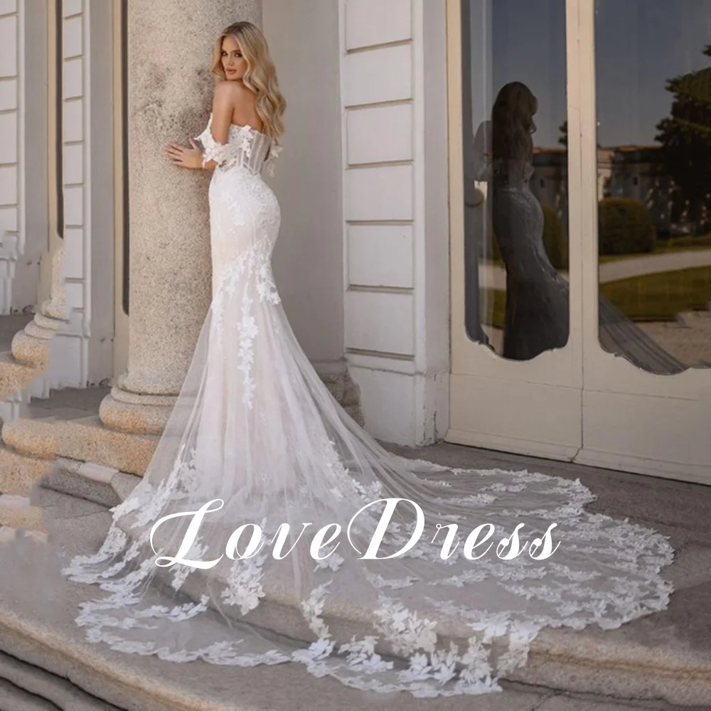 Liefde lieverd zeemeermin trouwjurk off-shoulder kanten applicaties moderne bruidjurk rugloze trein Robe de mariée op maat