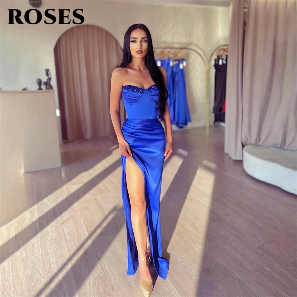 

ROSES Royal Blue Special Occasion Dresses Mermaid Sexy Formal Gown Long Stain Sequin Evening Dress with Silt vestidos de fiesta