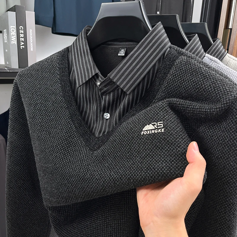 겨울 핫 세일 신상품 남성 셔츠 칼라 페이크 투피스 벨벳 두꺼운 프린트 따뜻한 니트웨어 브랜드 패션 오피스 남성복