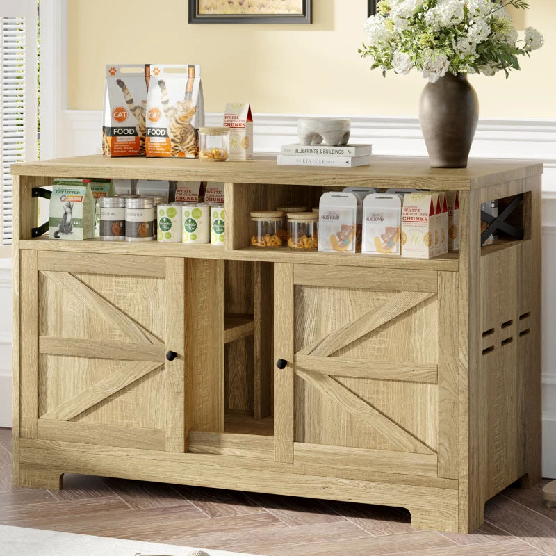 GO Enclosure For 2 Cats Double Hidden Litter Box Furniture Washroom Farmhouse Indoor Cat House End Table Brown