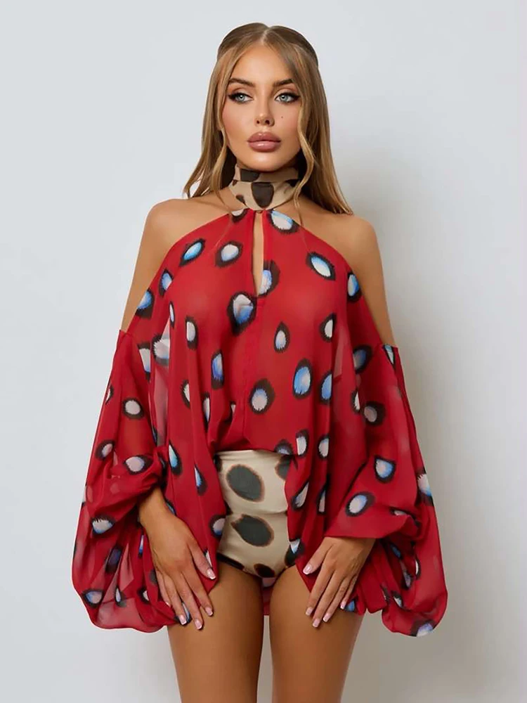 Nibber Laternenärmel-Playsuit+Kopftuch Damen Punktmuster Patchwork Neckholder Off-Shoulder Rückenfreier Street-Fashion-Stil Romper – Detail 18