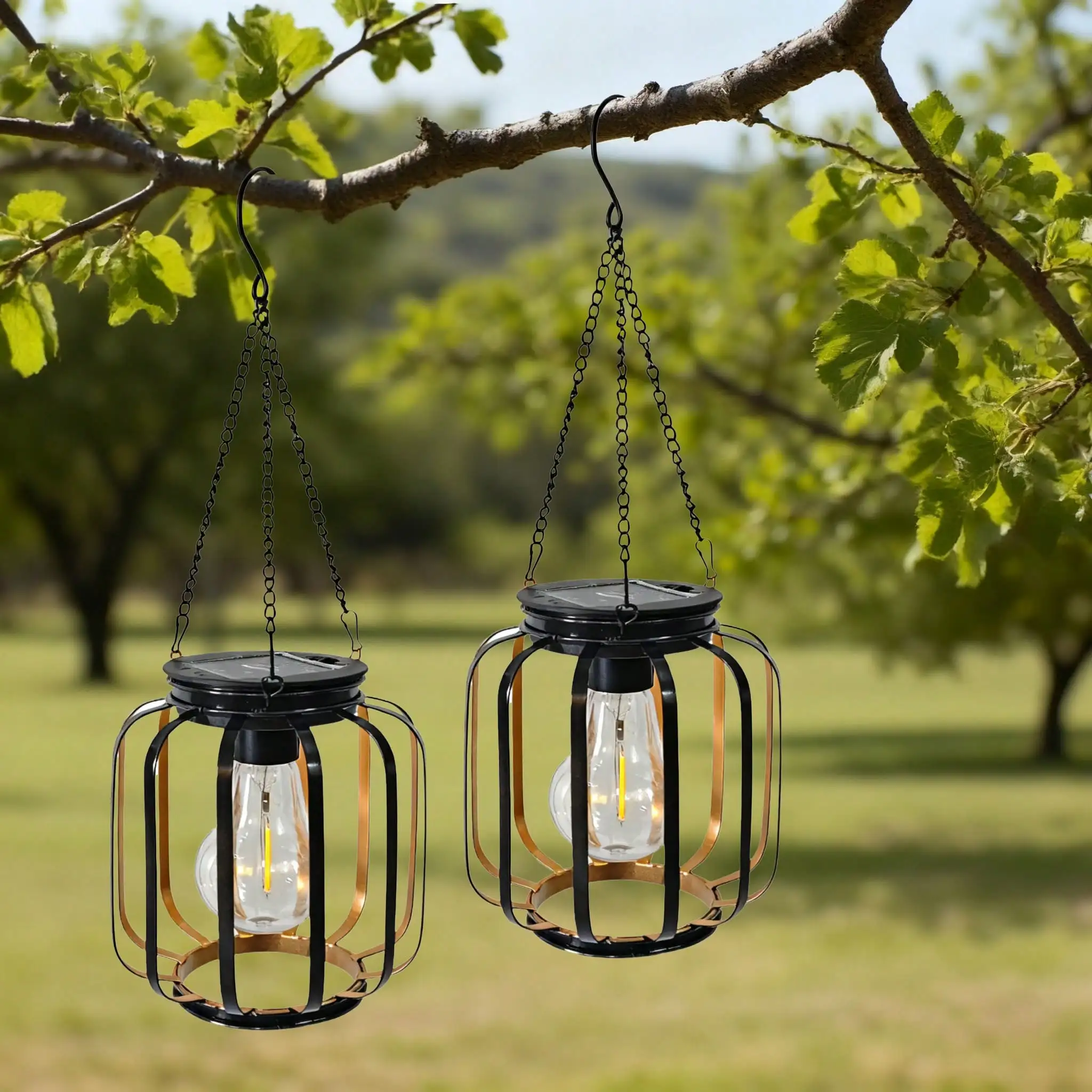 1/2pcs Outdoor Solar Hanging Lamp: Metal, Hook, Bright Warm Light for Yard/Garden/Patio/Porch