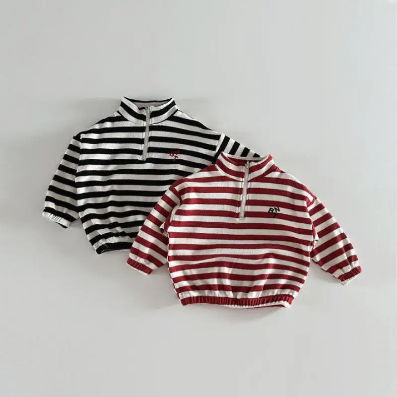 2024 Spring New Children Long Sleeve Casual Tops Baby Boy Girl Vintage Striped Sweatshirt Toddler Stand Collar Loose Pullover