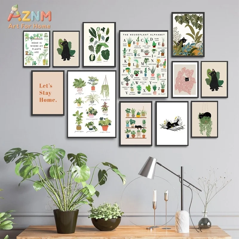 Boho Black Cat Green Plant Canvas Wall Art Houseplant Alphabet Poster Botanical Print Living Room Plant Lover Decor Cat Wall