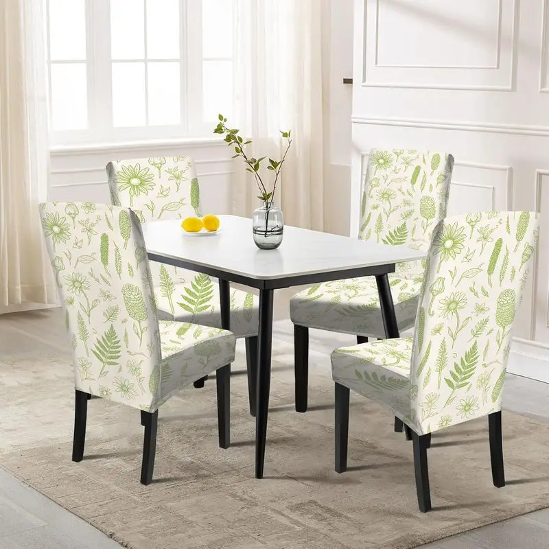 

Elastic dining chair cover, spring and summer green daisies, fern printing, for hotel banquet home decoration