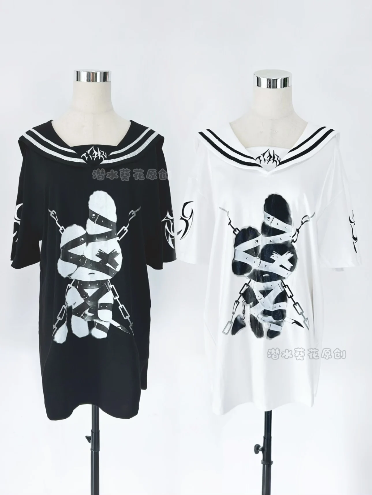 Bondage Bunny Black White Sailor Collar Tshirt Oversized Gothic Lolita Style J Fashion Yami Kawaii Alternative Streetwear Cool