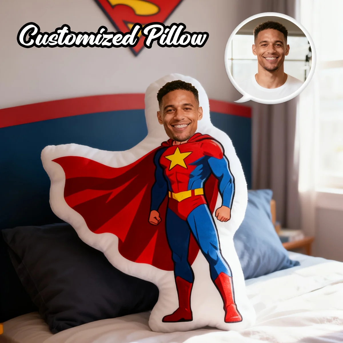 1 Custom Themed Photo Pillow with Uploaded Custom Photo, Superman Standing Pose, Perfect for Father's Day, Mother's Day, Hallowe