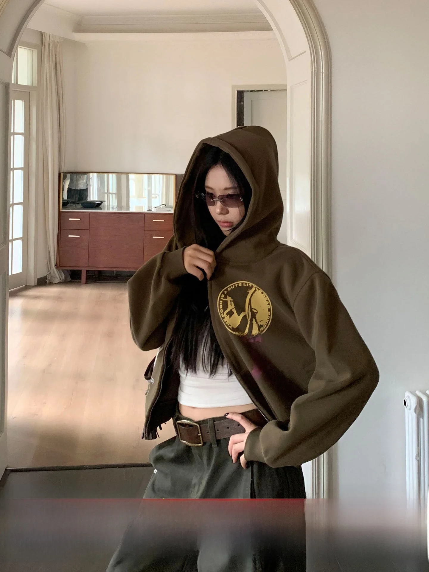 

Retro Print Hoodie Jaet Women's Autumn Spicy Girl Versatile Open Cardigan Top Casual Sle Long Sve ort Cotton Polyester