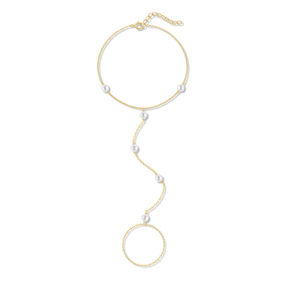 

Aide S925 Sterling Silver Vintage Pearl Hand Harness Gold-Plated Freshwater Pearl Linked Finger Ring Harness for Women Jewelry