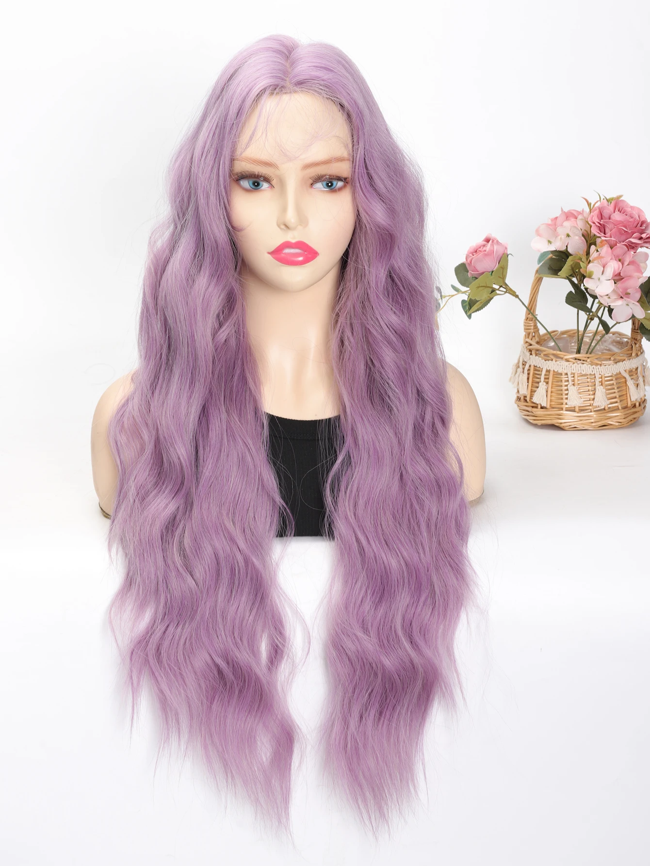 Synthetic long curly wig with mid part bangs 30inch long Highlight Ombre Ash Blonde Wig High Temperature Silk Full Curly Wig