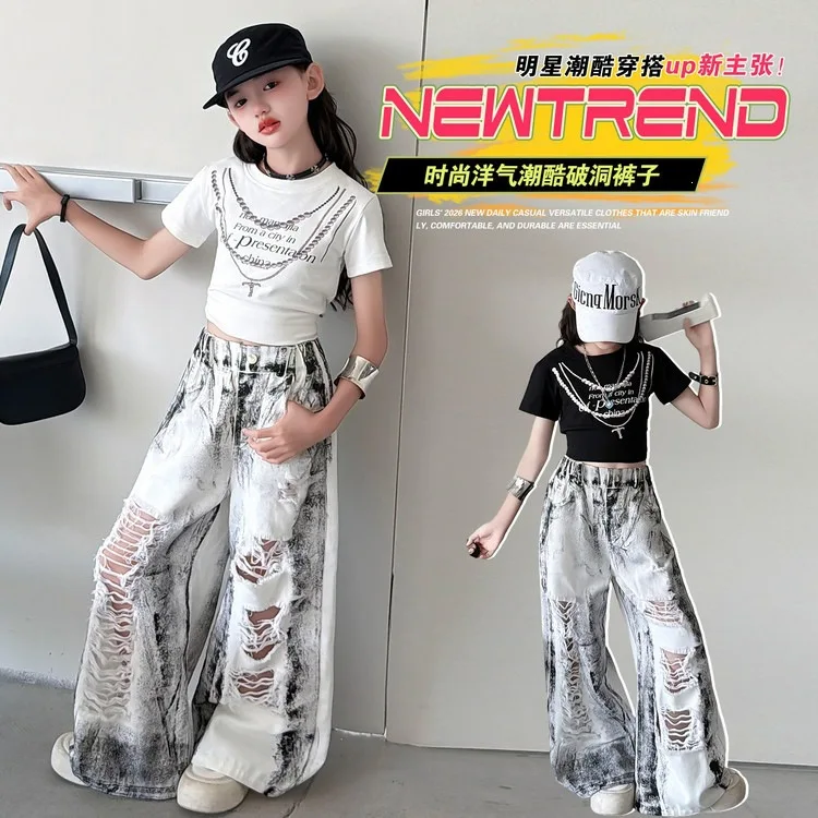 Kids Clothing Sets Teens Girls Fashion Letter Crop Top+Tie-dye Ripped Jeans Children's Digital Print Streetwear Hip Hop Outfits