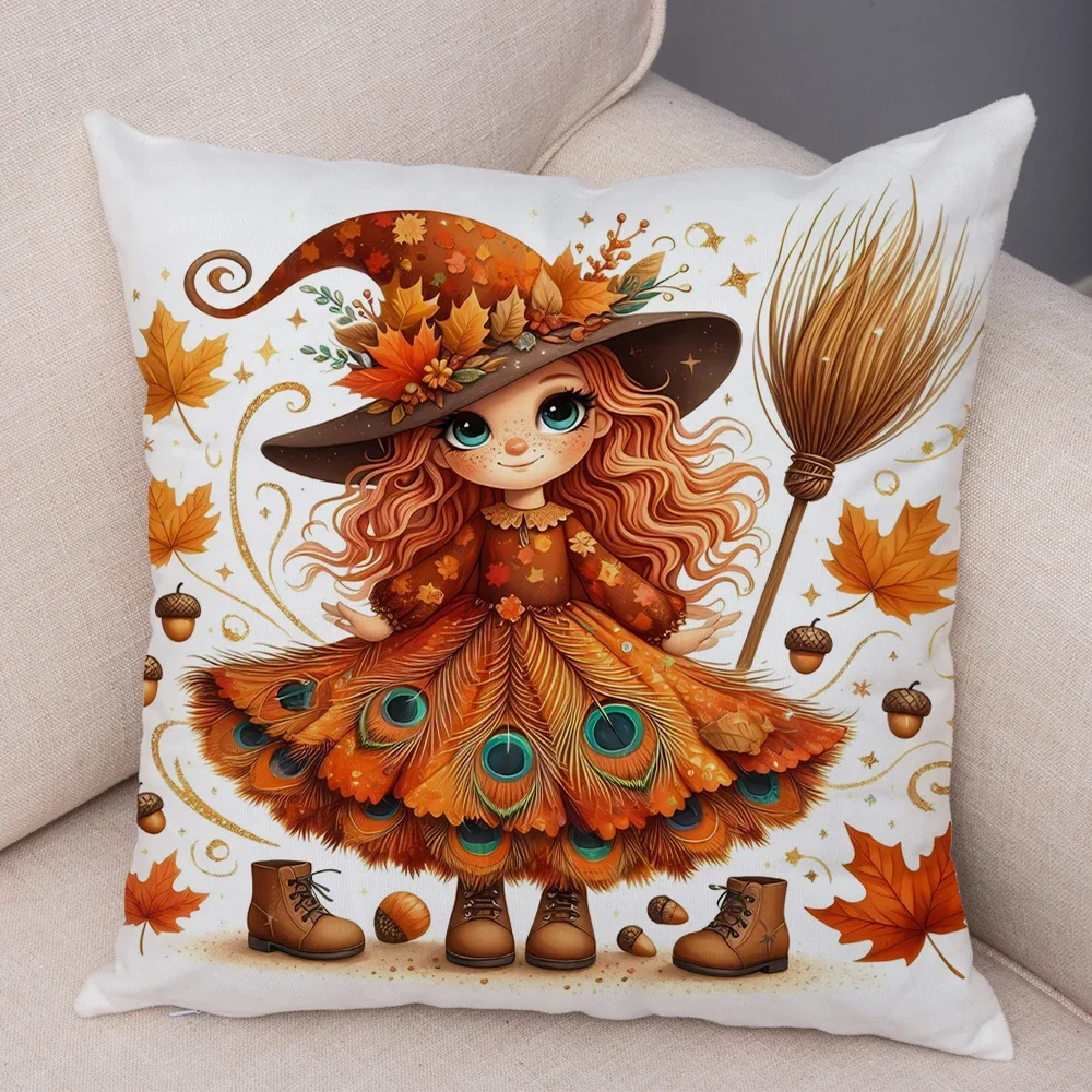 Cartoon Autumn Maple Leaves Girl Cushion Cover Print Cute Children Pillowcase Decor Pillow Case for Sofa Home