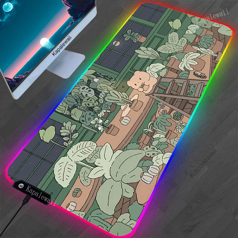 Imagem -03 - Gato Bonito Rgb Mouse Pad Kawaii Planta Led Backlit Teclado Tapetes Protetor de Mesa pc com Tapetes de Mesa Xxl Bonito