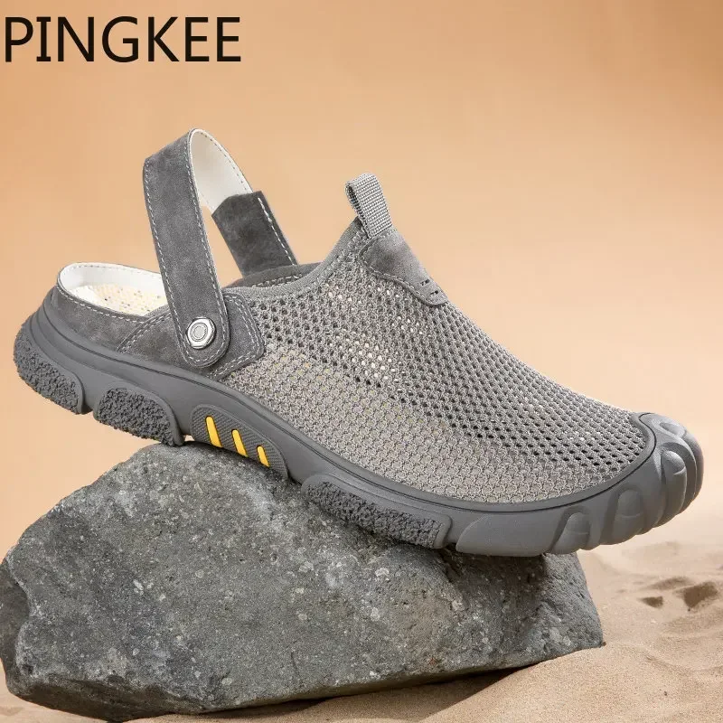 PINGKEE Men\'s Slip-ons Water Shoes For Men Leather Sandals Summer Male Breathable Slip on Beach Men\'s Shoes Men Sandals Shoes