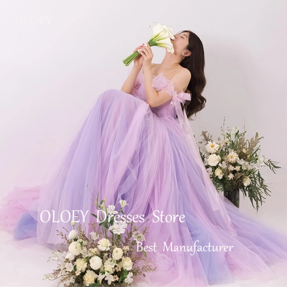 

OLOEY Fairy Lavender Tulle Evening Dresses Korea Wedding Photo shoot Strapless Floor Length Prom Gowns Garden Formal Party Dress