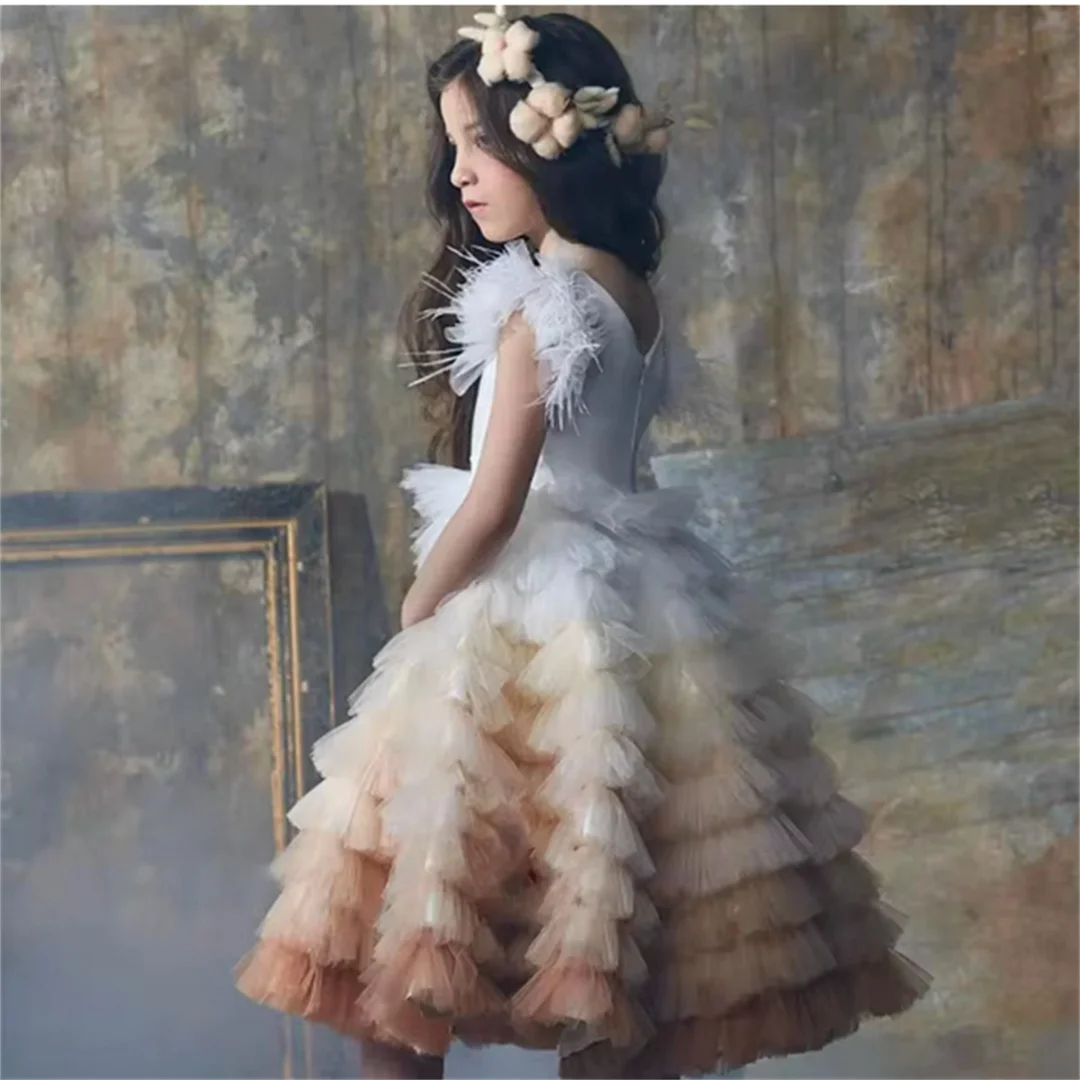 Short-sleeved Tulle Lace Layered Flower Girl Dress Princess Ball First Communion Dresses Kids Surprise Birthday Present