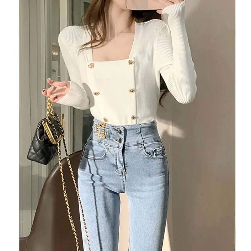 2022 Autumn Winter Square Neck Long Sleeve Sweater Women Sexy Short Red White Elegant Knitwear Double Button Fashion Casual Tops