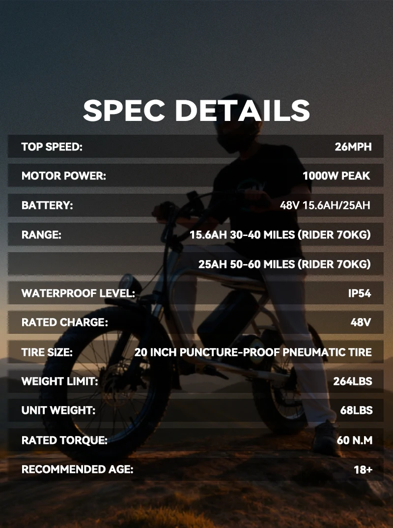 Rower elektryczny E3 dla dorosłych, 1000W, 42 km/h, bateria 48V 16Ah, zasięg maksymalny 80-160 km, opony typu fat tire 20*3', 3-biegowy motocykl elektryczny, rower terenowy.
