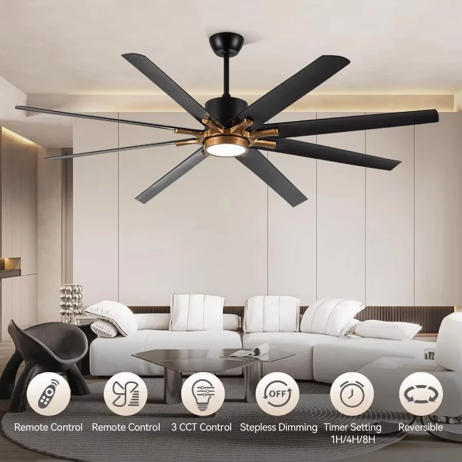 

72 Inch Large Ceiling Fan with Light and Remote Control 8 Blades Modern Ceiling Fan with Reversible DC Motor Stepless Dimmable