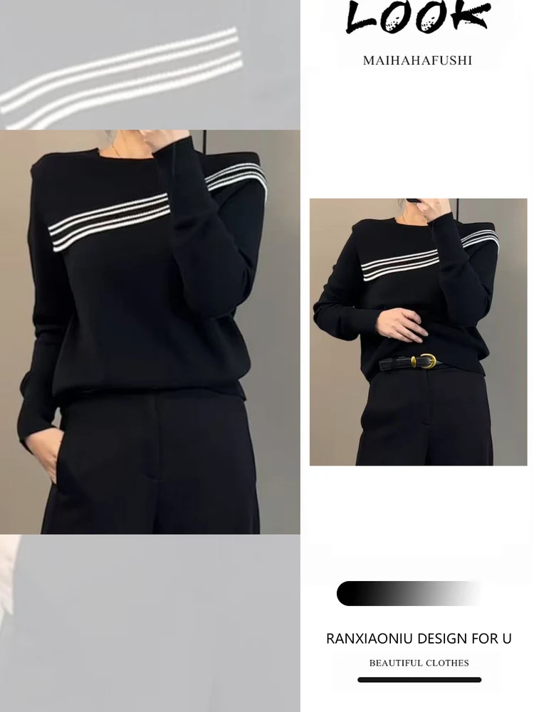 

Комплект из трикотажа для женщин на осень-зиму 2025: облегающий крой, воротник с контрастными полосками, длинный рукав, повседневный базовый топ