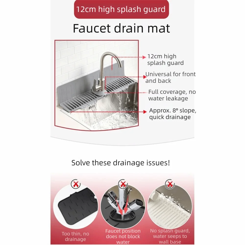 Fast Self-Draining Silicone Faucet Draining Pad Non-Slip 24 Inch Kitchen Sink Splash Guard 8° Slope Multi-Functional