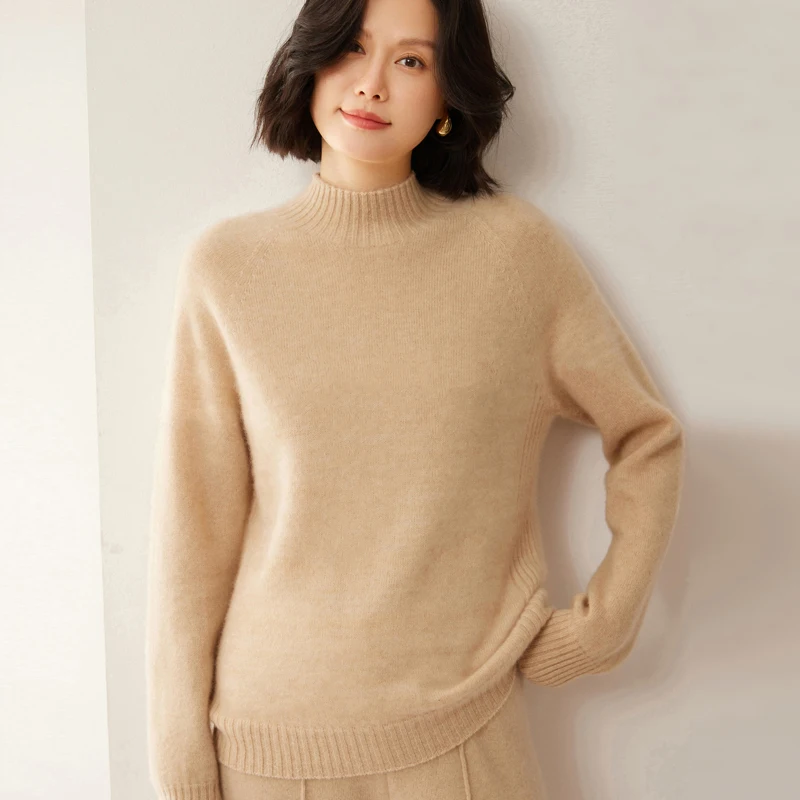 

Seamless Women's Knitted Pullover Fashion Pure Australian Wool Sweater Half height Neck Long Sleeve Thick Soft Warm plane Tops