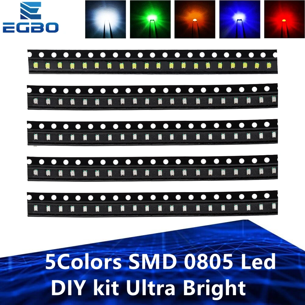 5colors x20pcs=100pcs/lot 5 Colors SMD 0805 Led DIY kit Ultra Bright Red/Green/Blue/Yellow/White Water Clear LED Light Diode set