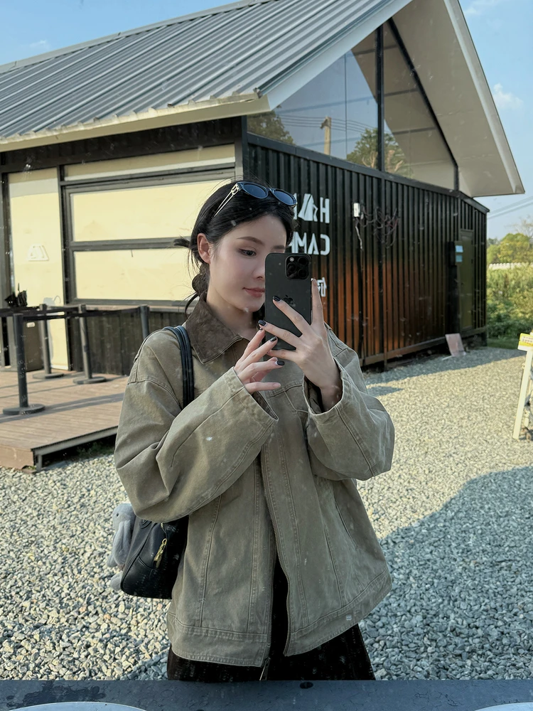 

Ladies Casual Cotton Jaet with Leather Patch Autumn Commute Korean Sle Thiened Aosphere Sense ort Outerwear