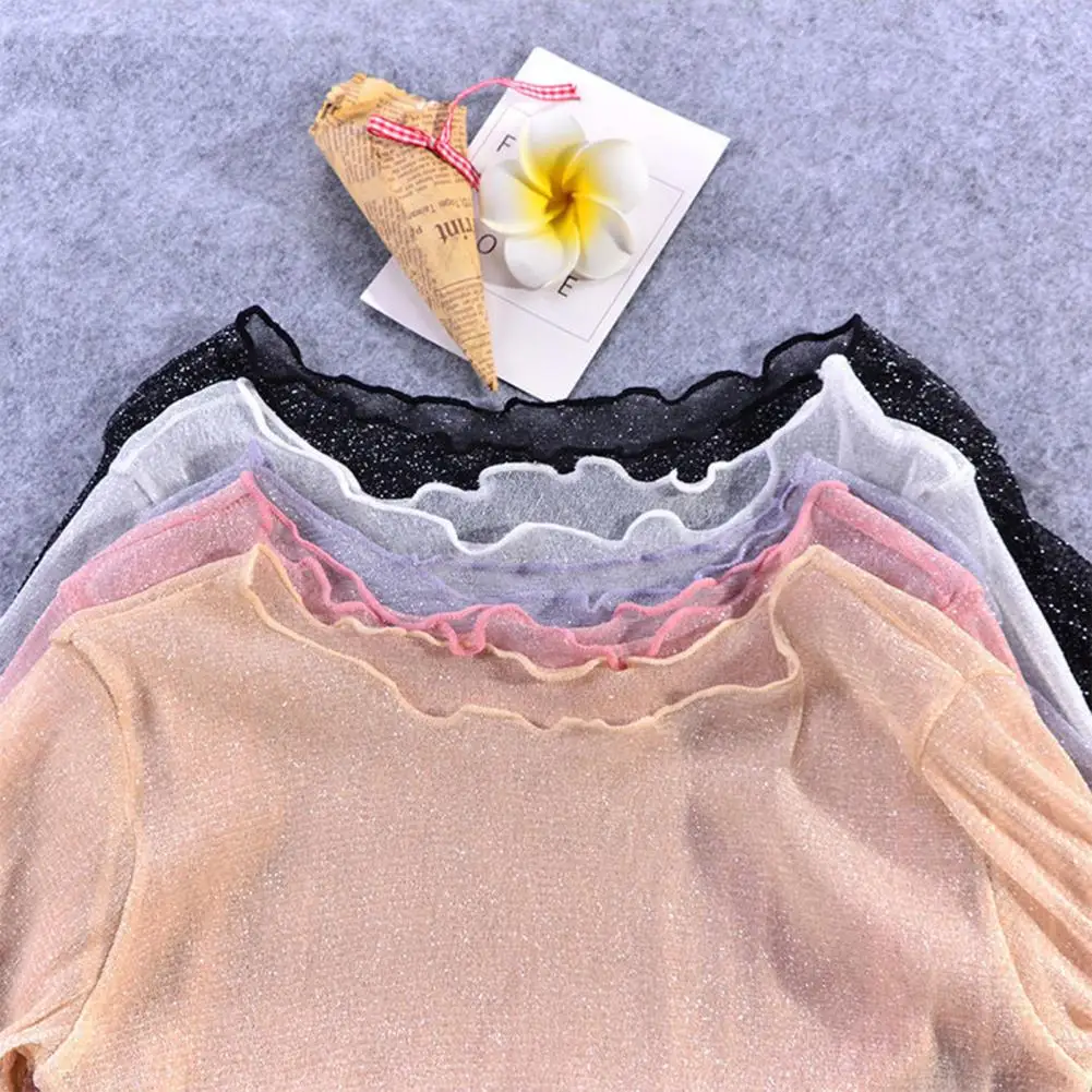 O-Neck Short Sleeve Sheer Trim Crop Top Women See-through Glitter Mesh Tee Shirt Streetwear